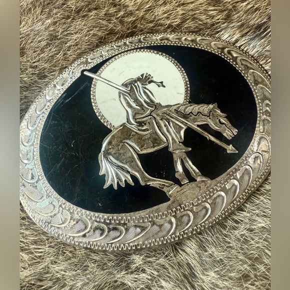 Vintage End of Trail Inlaid Moon Native American Silver Strike Belt Buckle Stone - Picture 2 of 9